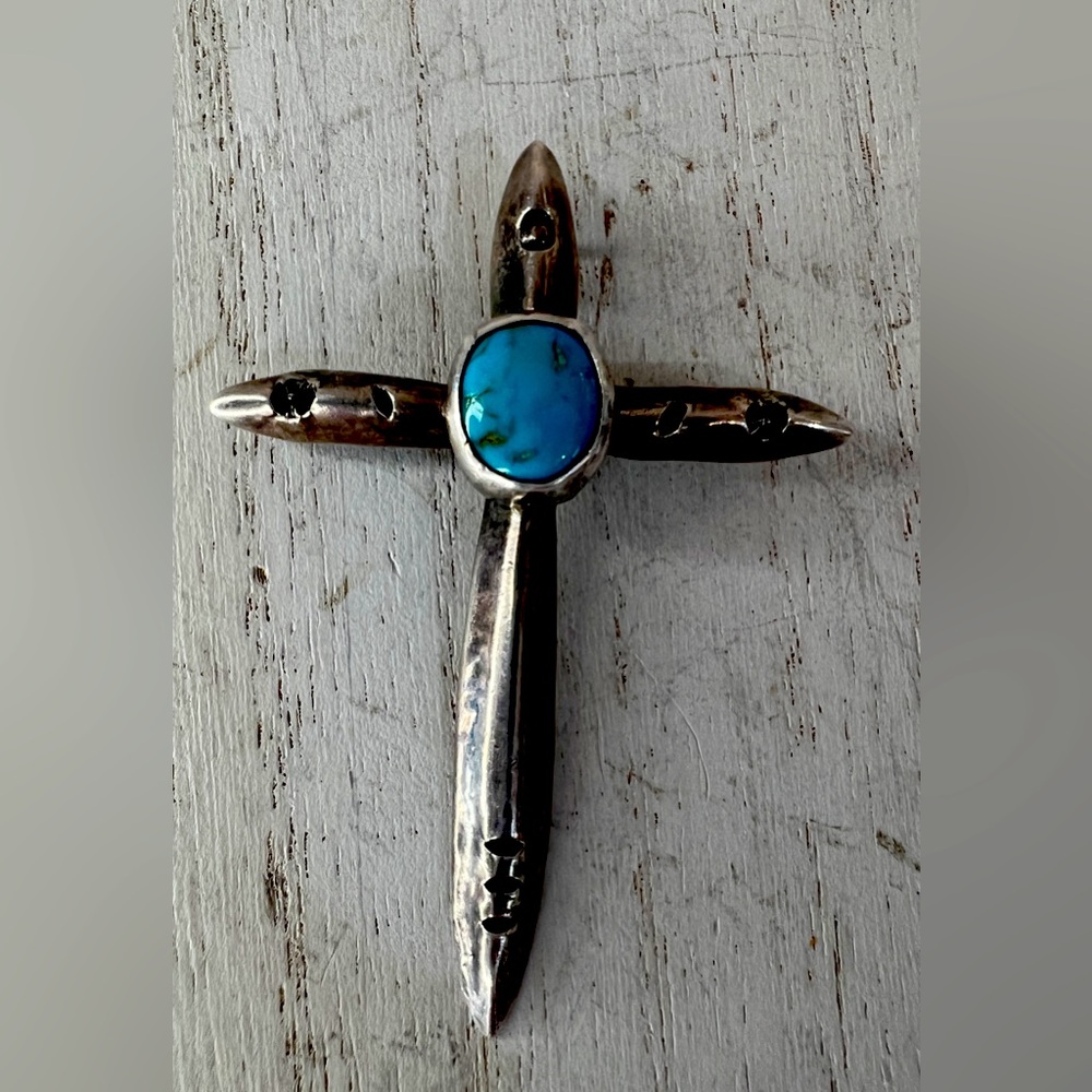 Native American Sand-cast Statement Turquoise Sterling Silver Cross Pendant
